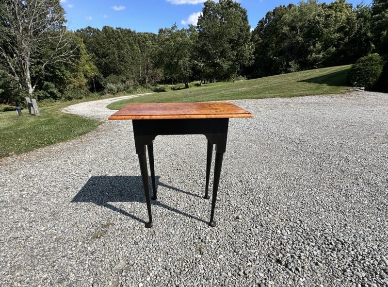 Eldred Wheeler table in tiger and birdseye maple w a single drawer crackle black