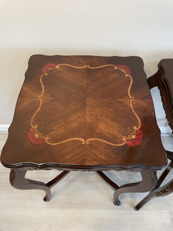 VTG Pair Italian Marquetry Inlaid Side End Tables Carved Wood Lamp Tables 1940s gallery