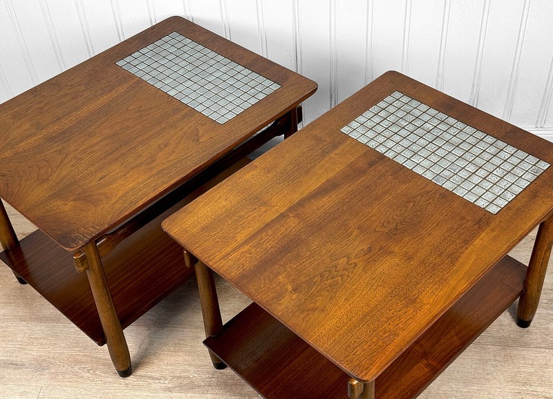 Mid-Century Lane Monte Carlo Walnut & Tile Inlay End Tables - A Pair gallery