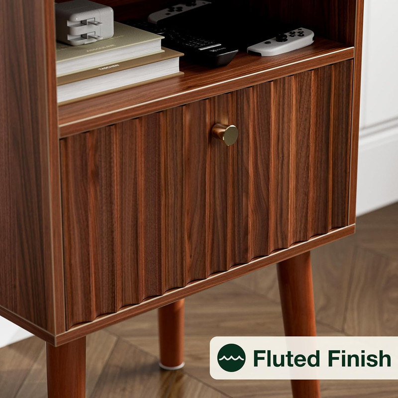 Mid Century Modern Side Table with Charging Station, Tall End Table with Fluted gallery