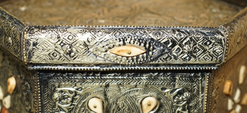 ANTIQUE INDIAN REPOUSSE PEWTER WITH STONE INLAID DETAILING SIDE LAMP WINE TABLE gallery