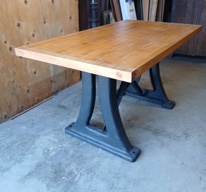 Antique Kitchen Island Work Desk Table Maple Top w Iron Industrial Machine Base gallery