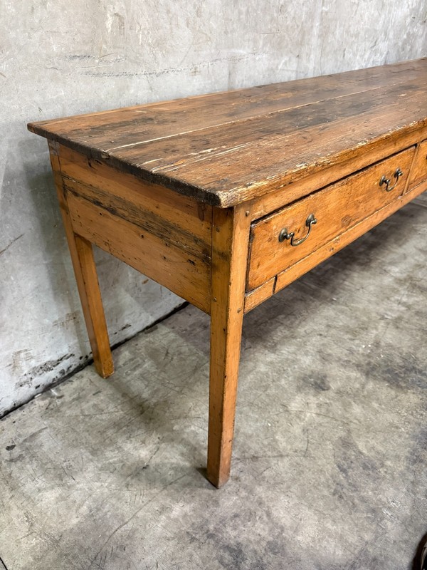 19th C French Draper’s Table Fruitwood Pine 4 Drawer Primitive 90” gallery