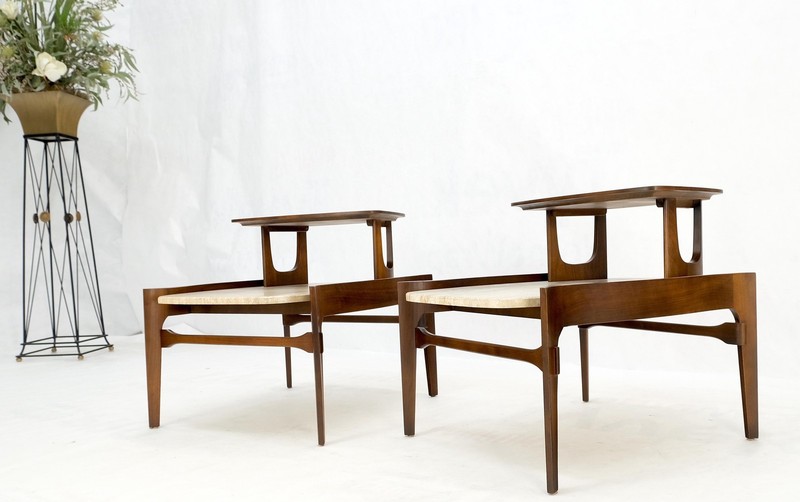 Pair Sculptural 1970s Walnut Travertine Tops Step Side End Tables Singer Sons gallery