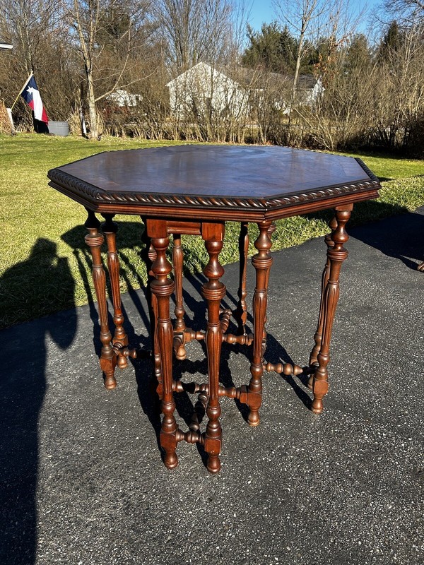 Antique Jacobean Walnut Banded Inlay Sunburst Octagonal Wood Lamp Side Table