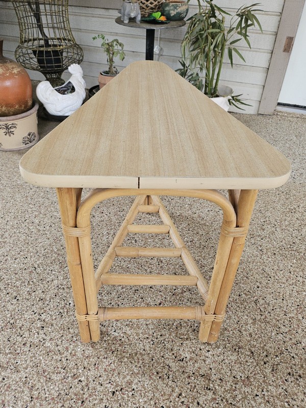 VTG CAL-ASIA Mid Century Tiki Beachy Bamboo BOHO Formica Triangle Accent Table gallery