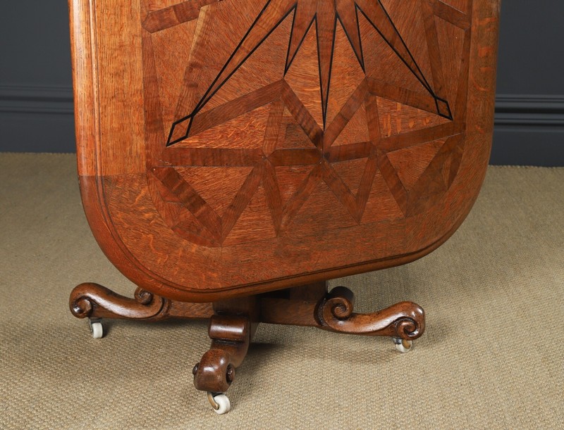Antique Continental Victorian Oak Ebony Parquet Centre Loo Dining Table c. 1860 gallery