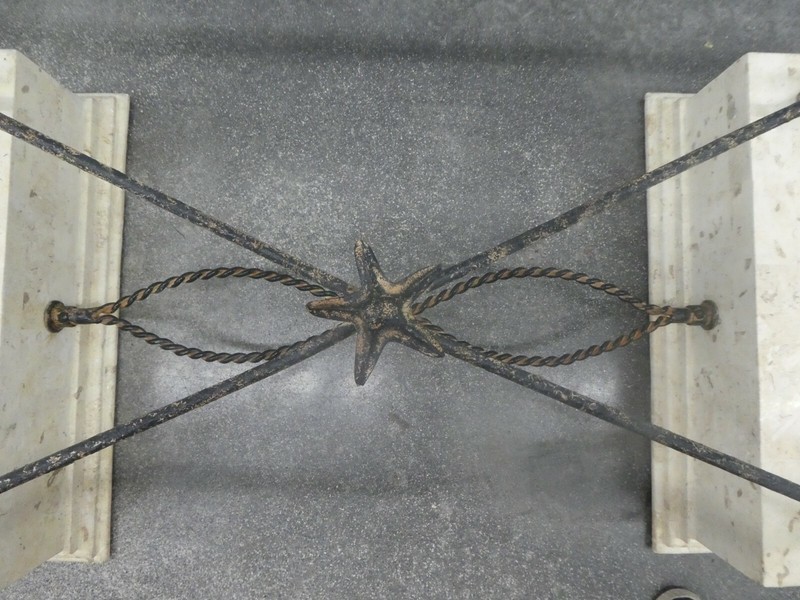WROUGHT IRON SEAHORSE AND STARFISH CONSOLE TABLE ON TERRAZZO PLINTHS gallery