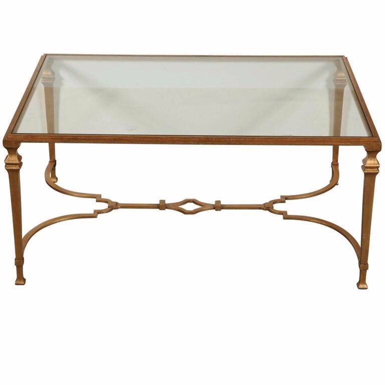 Paul M. Jones Antiqued Gold Leaf Louis XVI Wrought Iron And Glass Cocktail Table