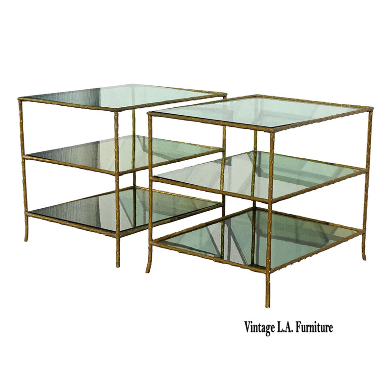 Pair of Vintage Three Tier Brass Bronze Side Tables w Etched Leaf Frames