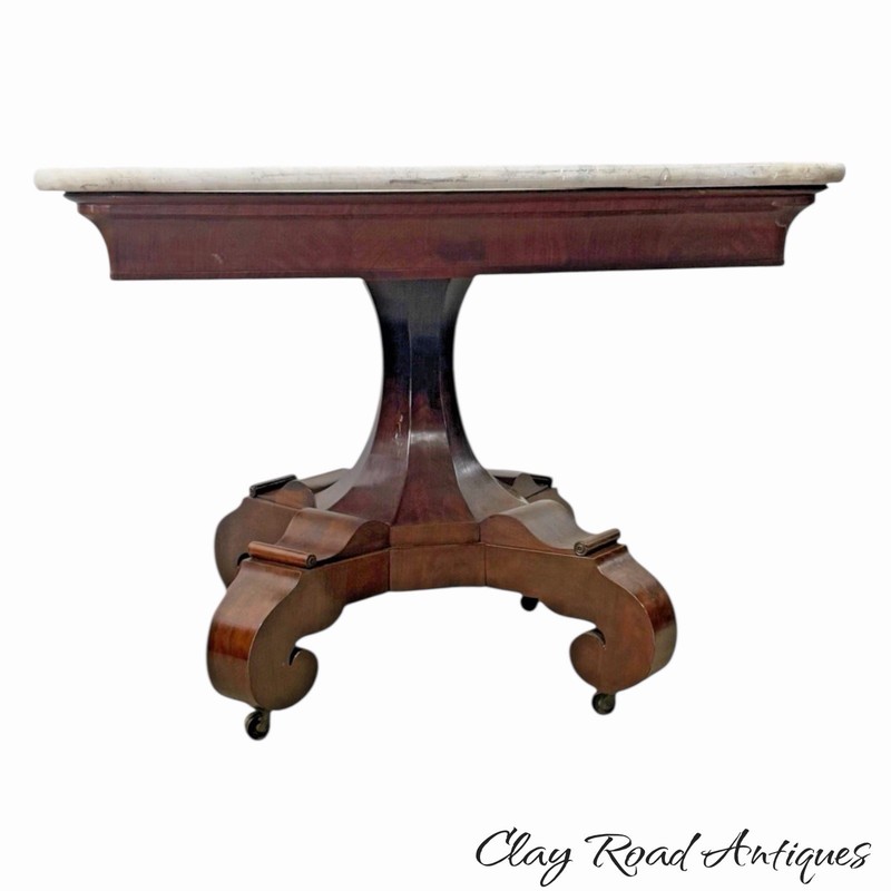 Antique classical empire flame mahogany marble top center table Meeks NY 1830