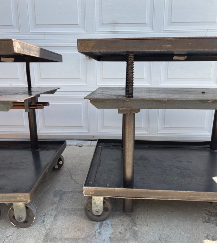 AMAZING LARGE HEAVY METAL VINTAGE INDUSTRIAL MECHANICAL TELESCOPING TABLES (2) gallery