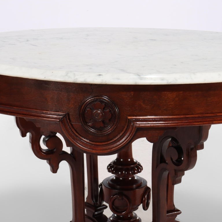 Antique Renaissance Revival Carved Walnut, Rosewood & Marble Parlor Table C1890 gallery