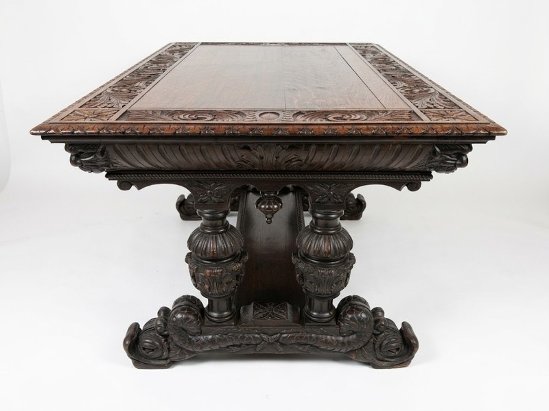 Antique George C Flint Co Library Table Renaissance Revival Carved Oak Man Heads