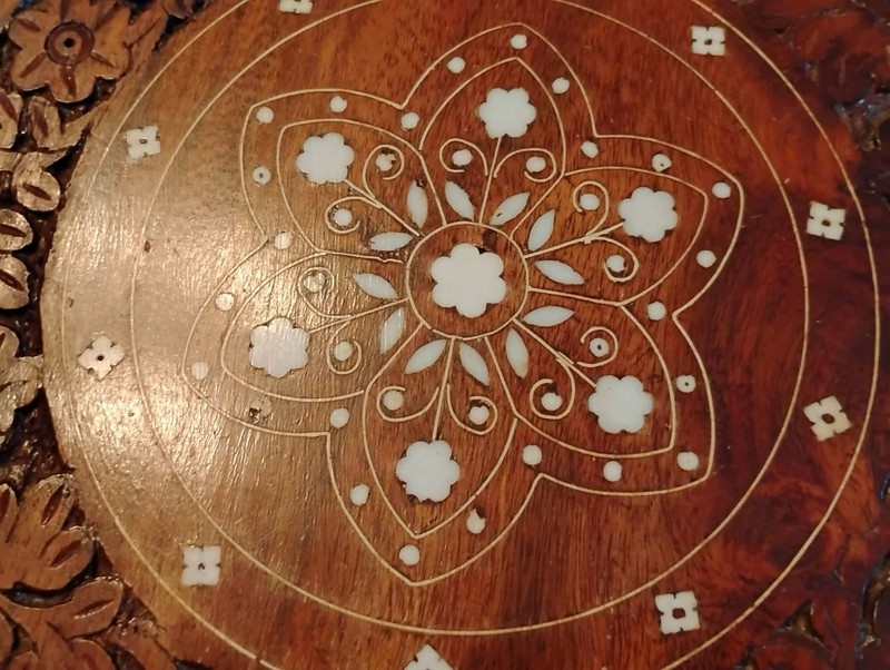 Wooden Indian Carved Table with Inlay Design & Sculptured Legs gallery