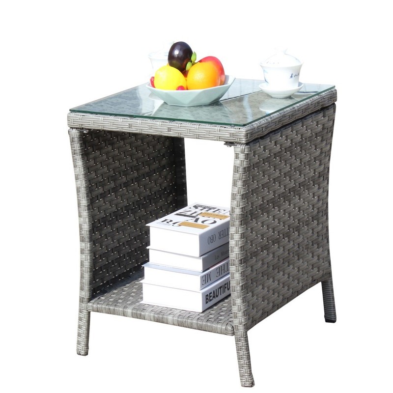 Outdoor Patio Furniture 1 Coffee Table with Clear Tempered Glass, Grey Wicker gallery