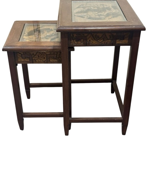 Vintage 1960s Asian Carved Nesting Tables Side Coffee Decor Table Set of 2 gallery