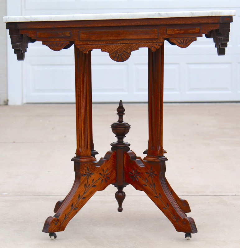 Antique Victorian Eastlake Marble Top Parlor Table | Carved Walnut Side - 1880 gallery