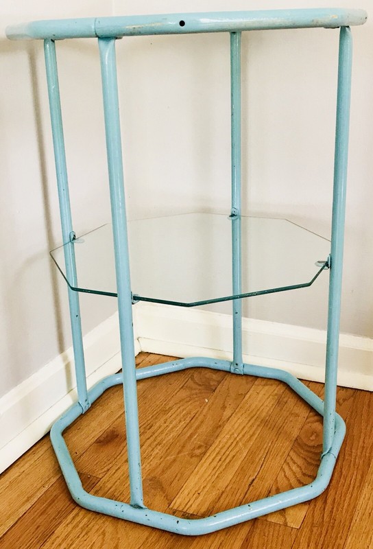 Vintage 1950s Side Table Blue Metal Glass 2 Tier Octagon gallery