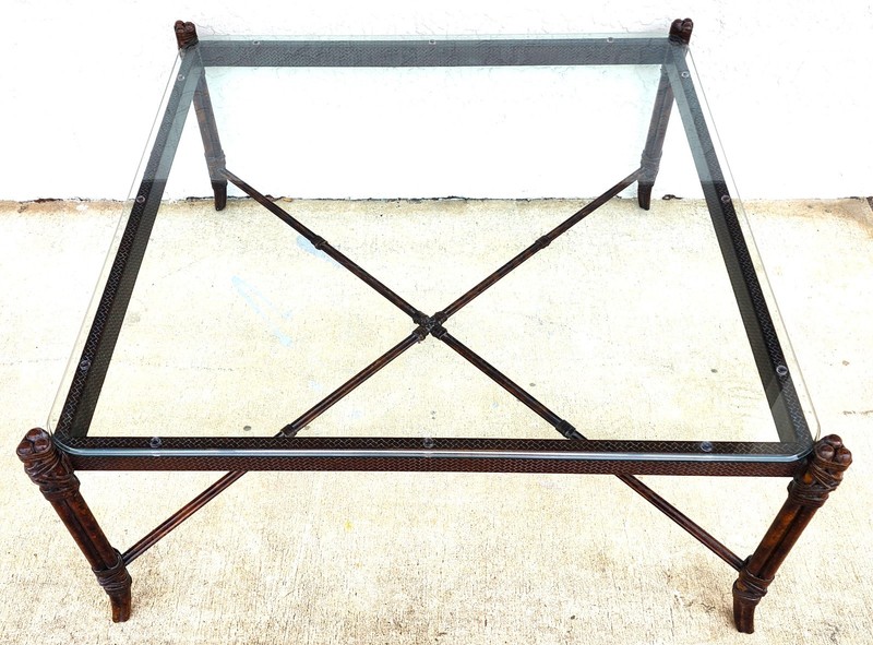 Maitland Smith Style Faux Bamboo Glass & Leather Cocktail Table gallery