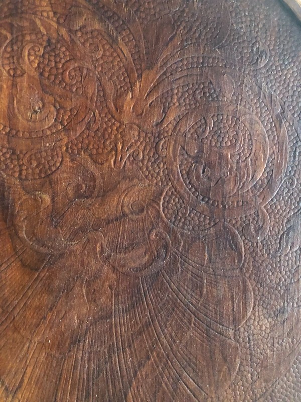 Antique carved wood table top 16 in. diameter with bent oak border gallery