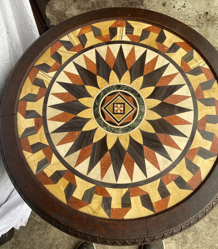 CARVED WALNUT MARBLE INLAID TABLE gallery
