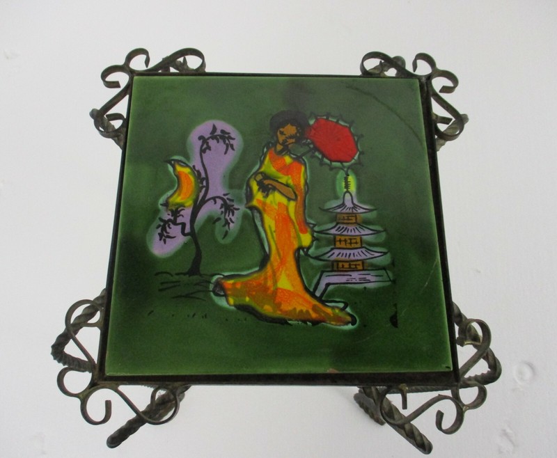 Vintage Side Table Plant stand Ceramic Tiles Geisha Italy Wrought Iron Funky gallery