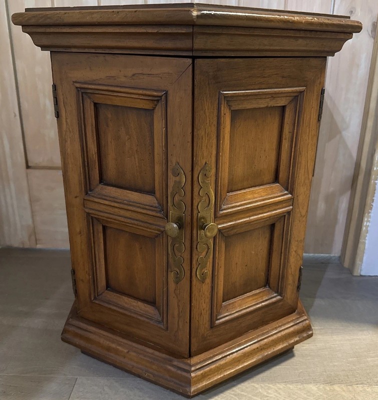 Vintage Hekman Rustic Spanish Colonial Drum Storage Cabinet Hexagon Table Doors