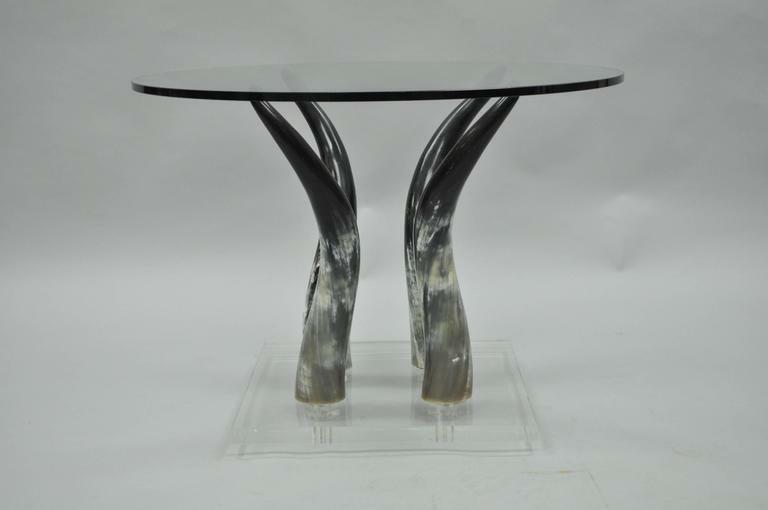 Mid Century Modern Chic Lucite and Horn Round Glass Occasional Side Table gallery