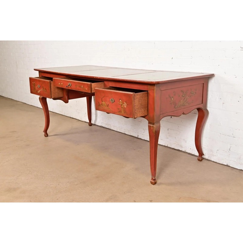 Baker Furniture French Regency Chinoiserie Red Lacquered Hand Painted Desk gallery