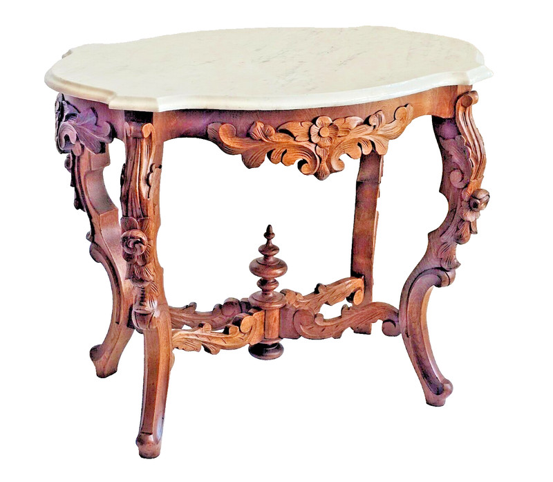 Victorian White Marble Top Rococo Flower Carved Walnut Parlor Table Circa 1880s gallery