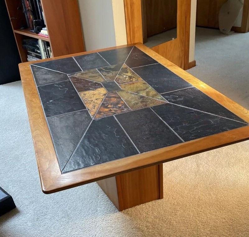 60’s Mid Century Modern Teak Walnut Original Custom Slate Inlays Coffee Table gallery