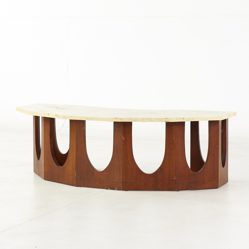 Harvey Probber Mid Century Walnut and Travertine Half Crescent Moon Coffee Table gallery