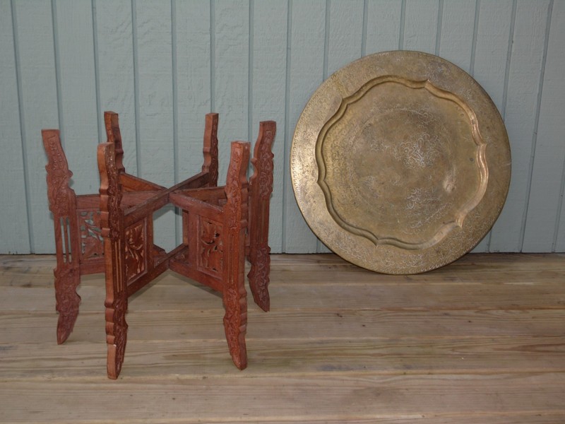 Vintage Middle Eastern Carved Teak & Engraved Brass Tray Top Folding Table gallery