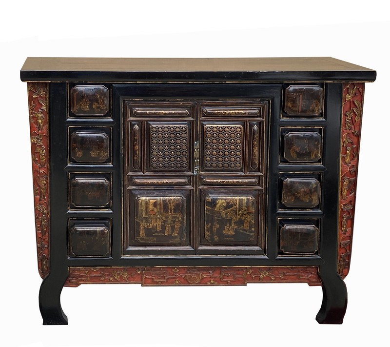 Chinese Brown Bold Drawers Doors Golden Graphic Credenza Table Cabinet cs7758 gallery