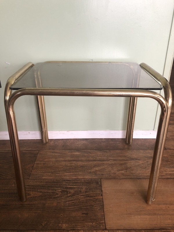 Vintage Gold Tone Metal Side Table Glass Top 13” Tall Hollywood Regency
