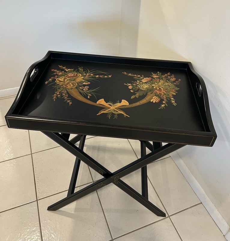 Vintage Butler Tray Coffee Table-Removable Top-Folding Stand-Ebonized And Gilded gallery