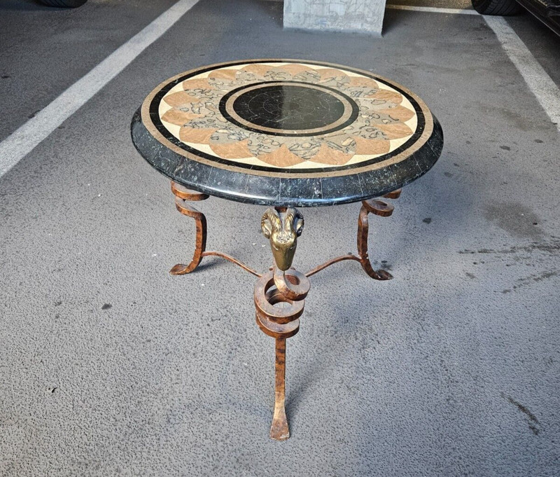 NEOCLASSICAL TESSELLATED MARBLE MAITLAND SMITH SIDE TABLE WITH RAMS HEADS