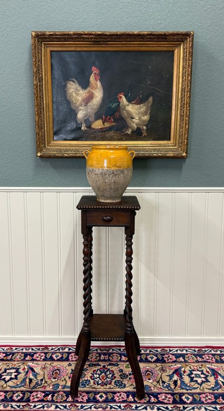 Antique English 4-Post Barley Twist Pedestal Plant Stand Jacobean Oak 39.5" Tall gallery