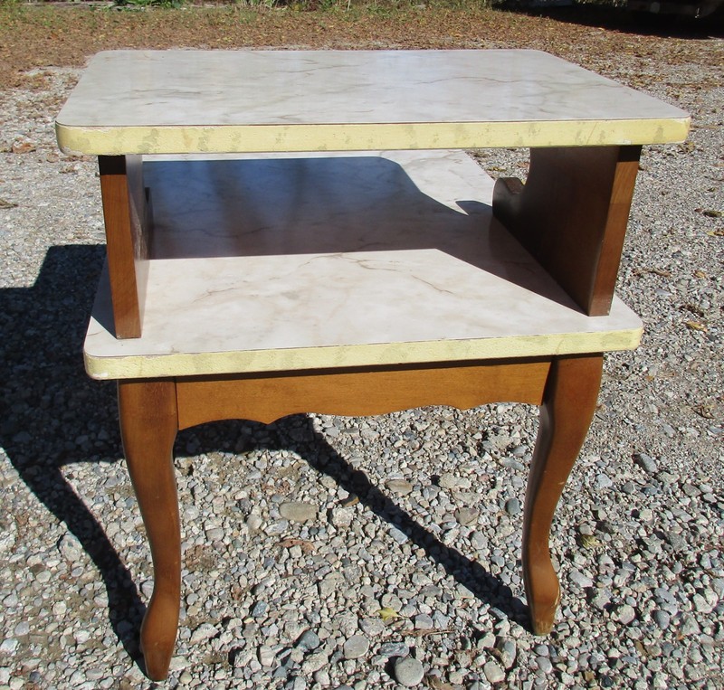 Vintage MCM White Marbled Formica Two-Tier Step End Table, Mid Century Modern gallery
