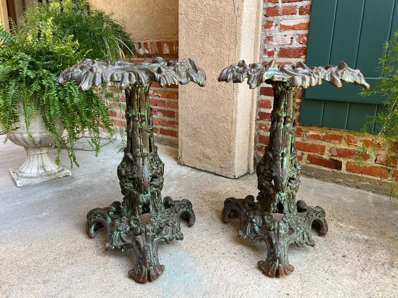 PAIR Antique French Round Side Table Grotto Rococo Cast Iron Plant Stand c1880 gallery
