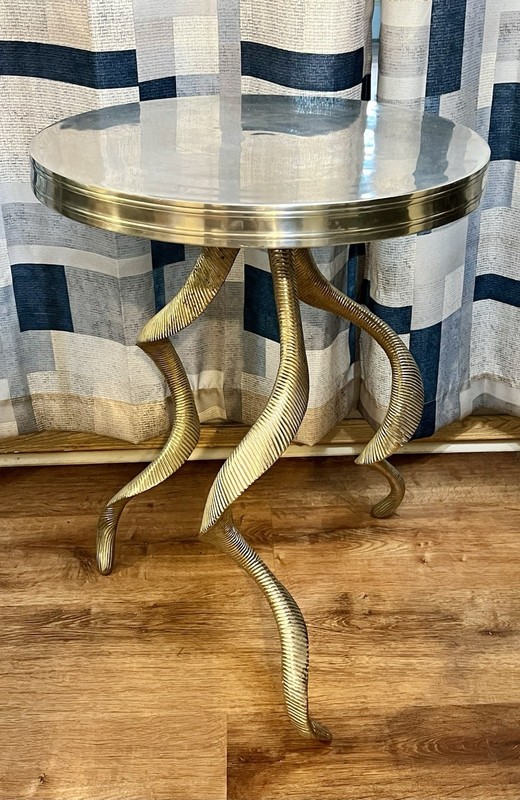 Vintage 80s French Gueridon Faux Horn Aluminum Tripod Side Accent Table