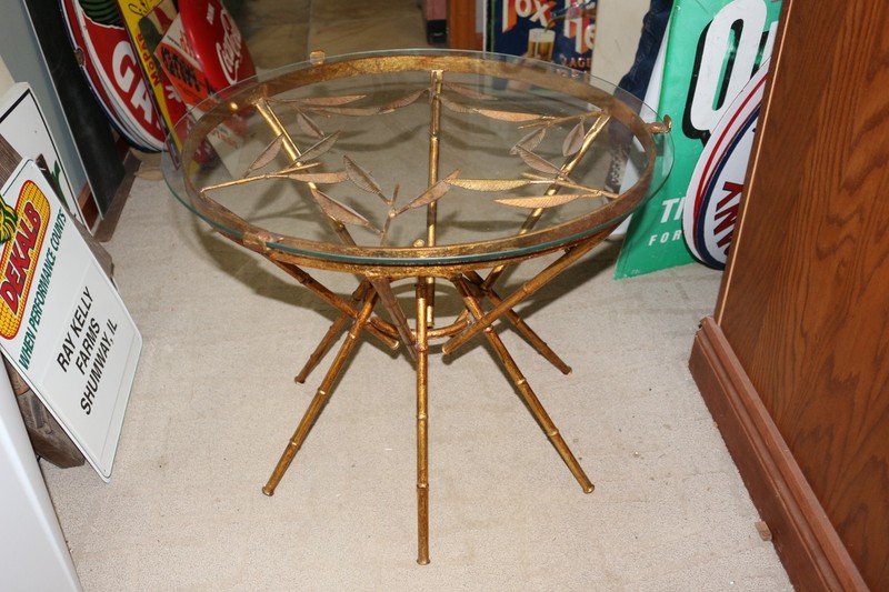 Rare Vintage MCM Maison Bagues Style Faux Bronze Bamboo & Leaves Glass Top Table