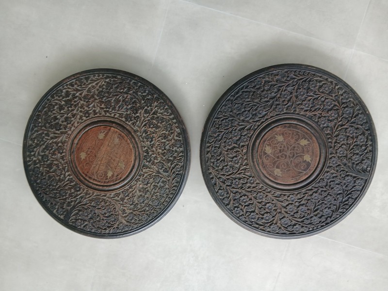 Early 20th century Kashmiri padouk tripod side tables (pair) gallery
