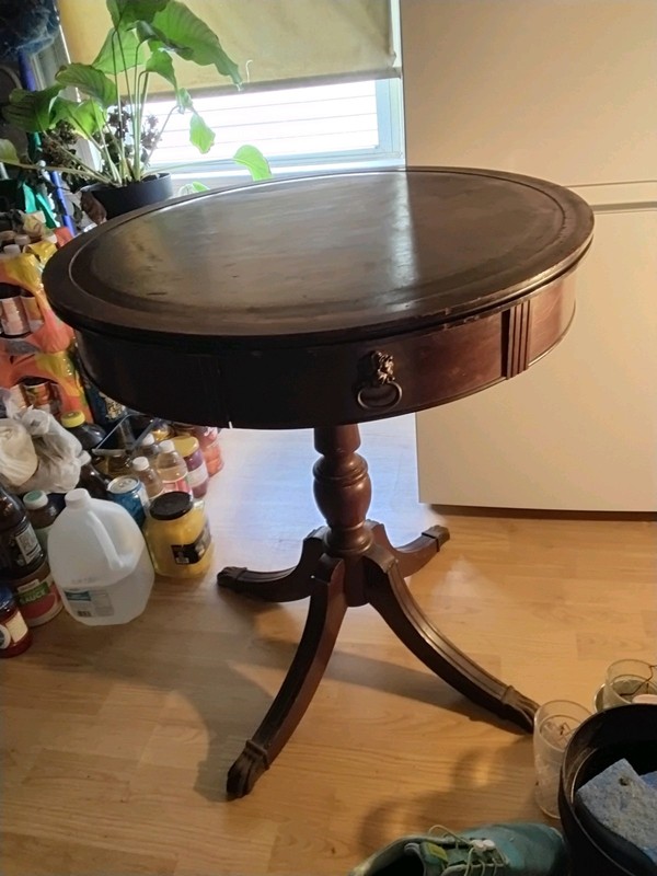Antique/Vintage Drum Table w/Leather Inlaid Top, One Drawer, and Brass Claw Feet