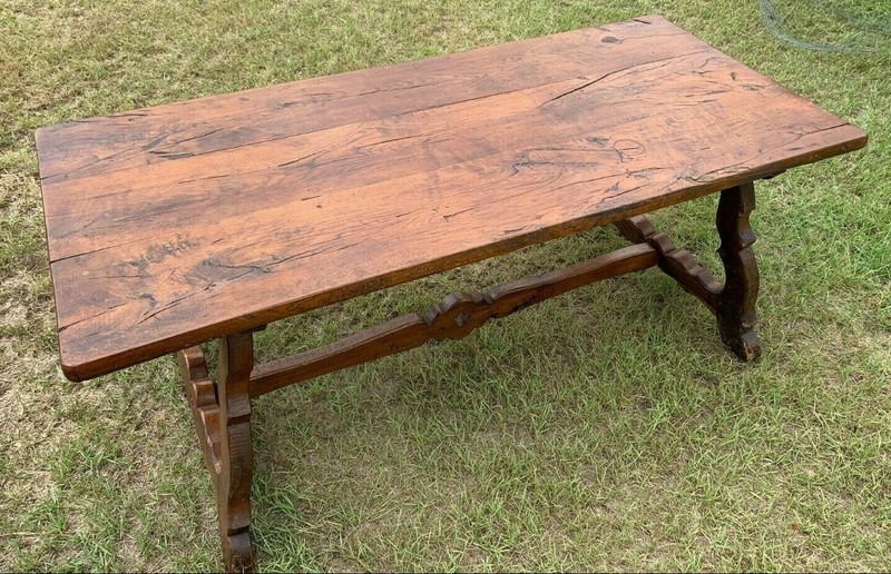 Antique Trestle Table with Three Board Table Top and Lyre Shaped Base Supports