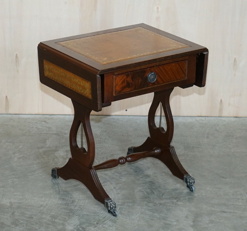 VINTAGE BROWN LEATHER GOLD LEAF SIDE END TABLE EXTENDING TOP GREAT GAMES TABLE gallery