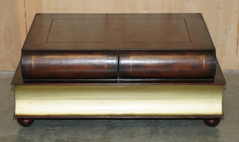 FULLY RESTORED BROWN LEATHER SCHOLARS STACK OF BOOKCASE COFFEE TABLE DRAWERS gallery