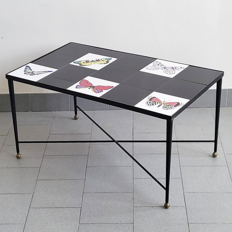 Vintage Coffee Table 1950 Ceramic & Metal Butterflies 50S 1950S