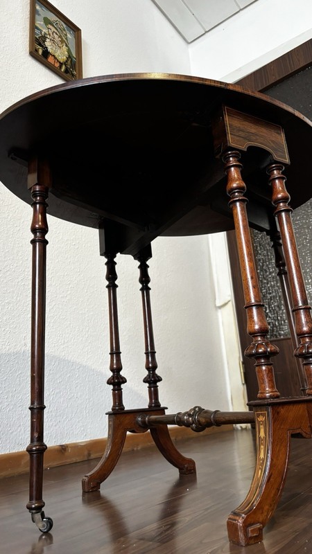 Antique Wooden Drop Leaf Oval Table with Ornate Legs, Inlay Detail, Brown gallery